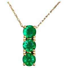 1.65 Carat Colombian Emerald Three Stone Pendant Necklace 18K Yellow Gold