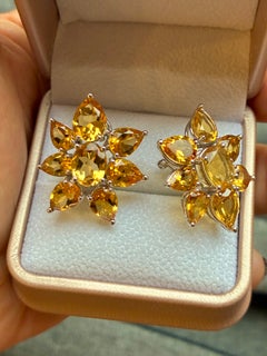 Citrine Cluster Flower Earrings, 15.00 Carats, Estate, White Gold 14K