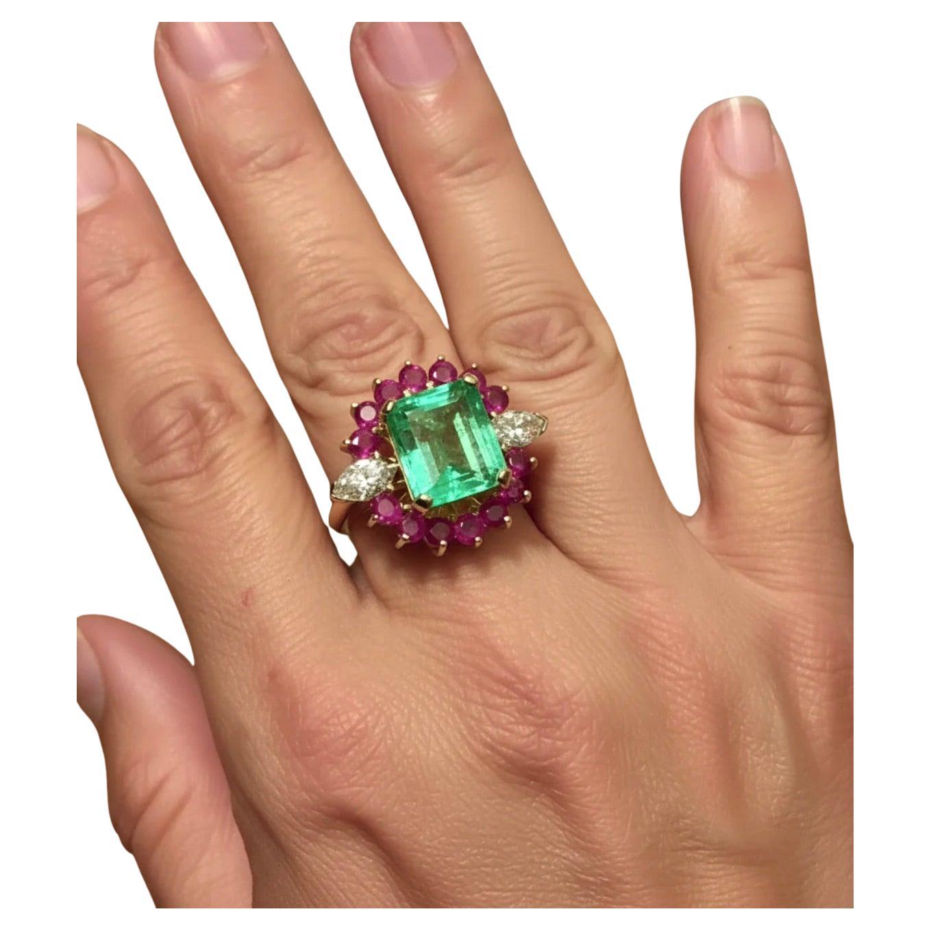 Certified 7.14 Carat Colombian Emerald Diamond & Ruby Cocktail Ring For Sale