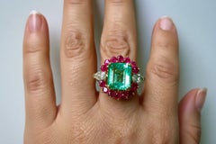 Certified 7.14 Carat Colombian Emerald Diamond & Ruby Cocktail Ring