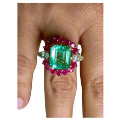 Anillo de cóctel con diamante esmeralda colombiano y rubí de 7,14 quilates, certificado por EGL USA