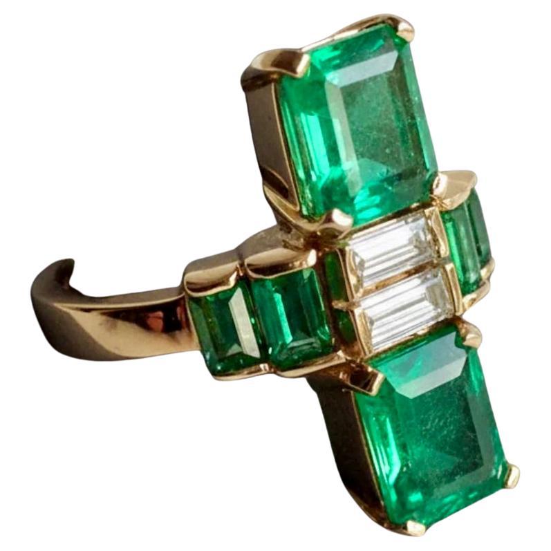 4,24 Karat feiner kolumbianischer Smaragd Diamant Art Deco Stil Ring 18K