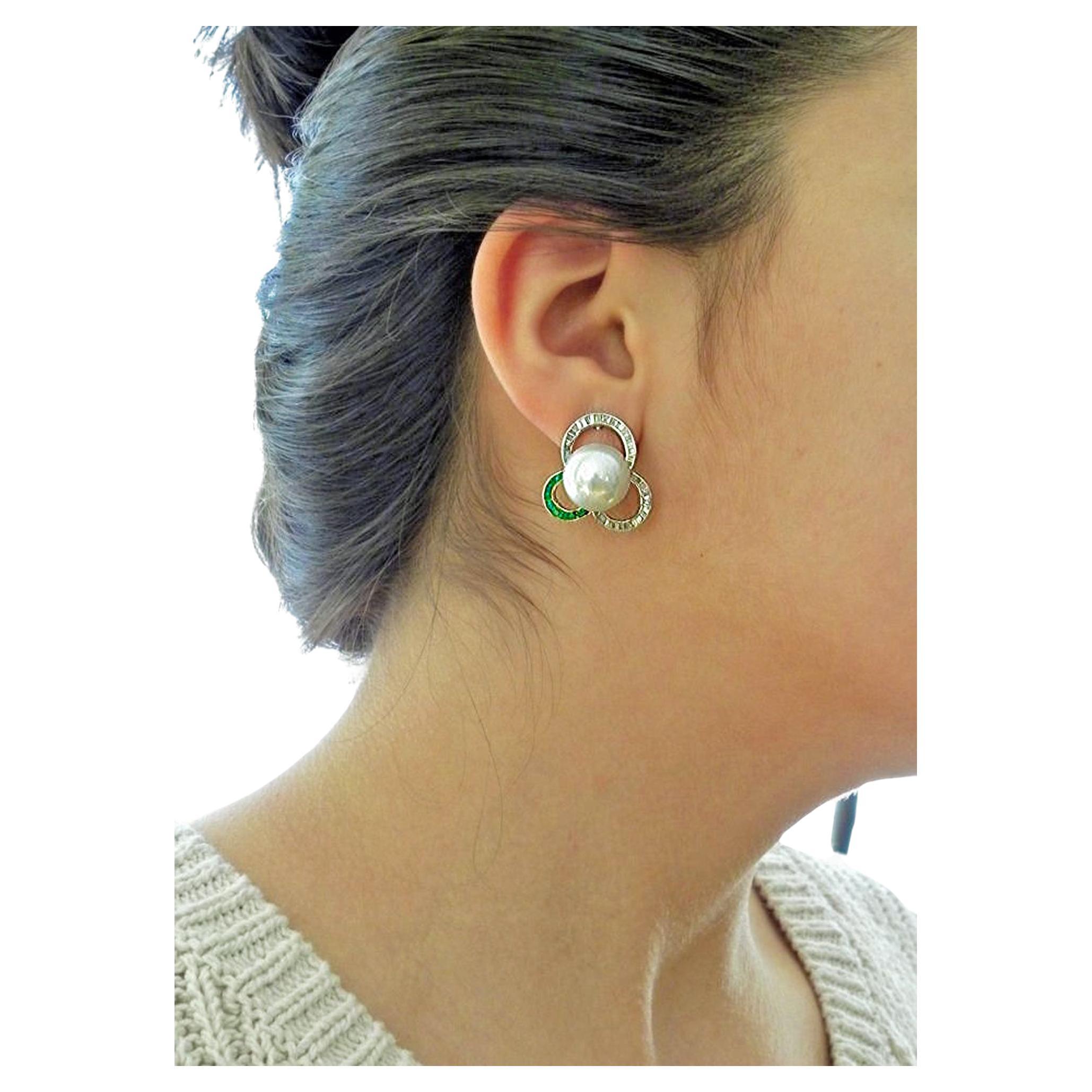 South Sea Pearl Diamond and Emerald Earrings 18 Karat For Sale