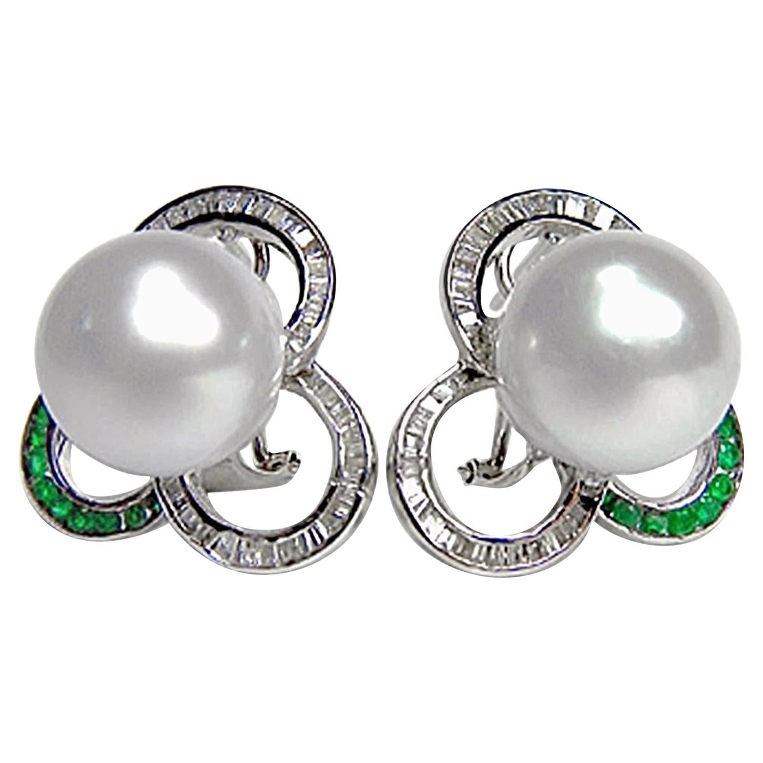 South Sea Pearl Diamond and Emerald Earrings 18 Karat