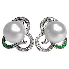 South Sea Pearl Diamond and Emerald Earrings 18 Karat