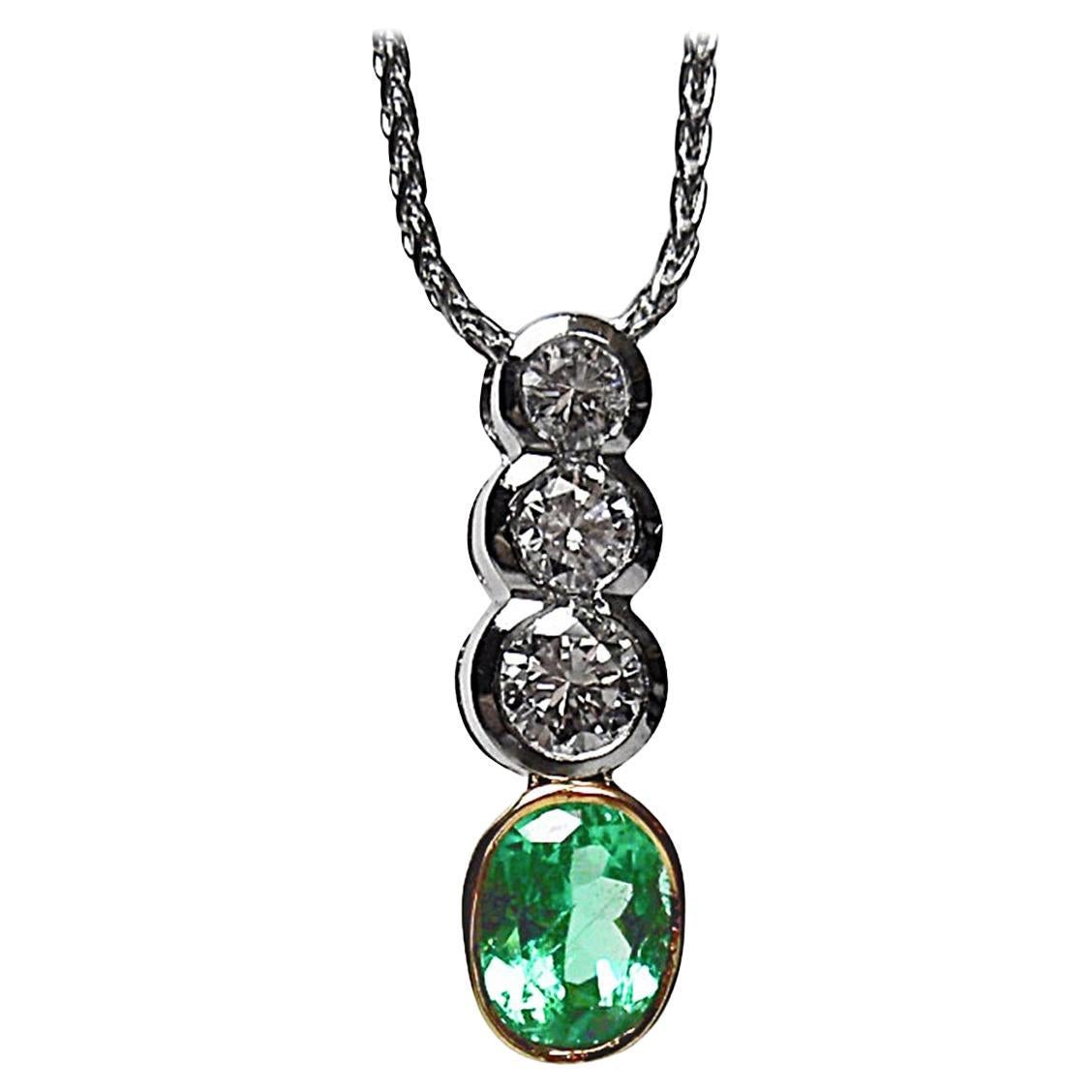 1.50 Carat Emerald Diamond Pendant Drop Necklace Platinum and 18 Karat Gold For Sale