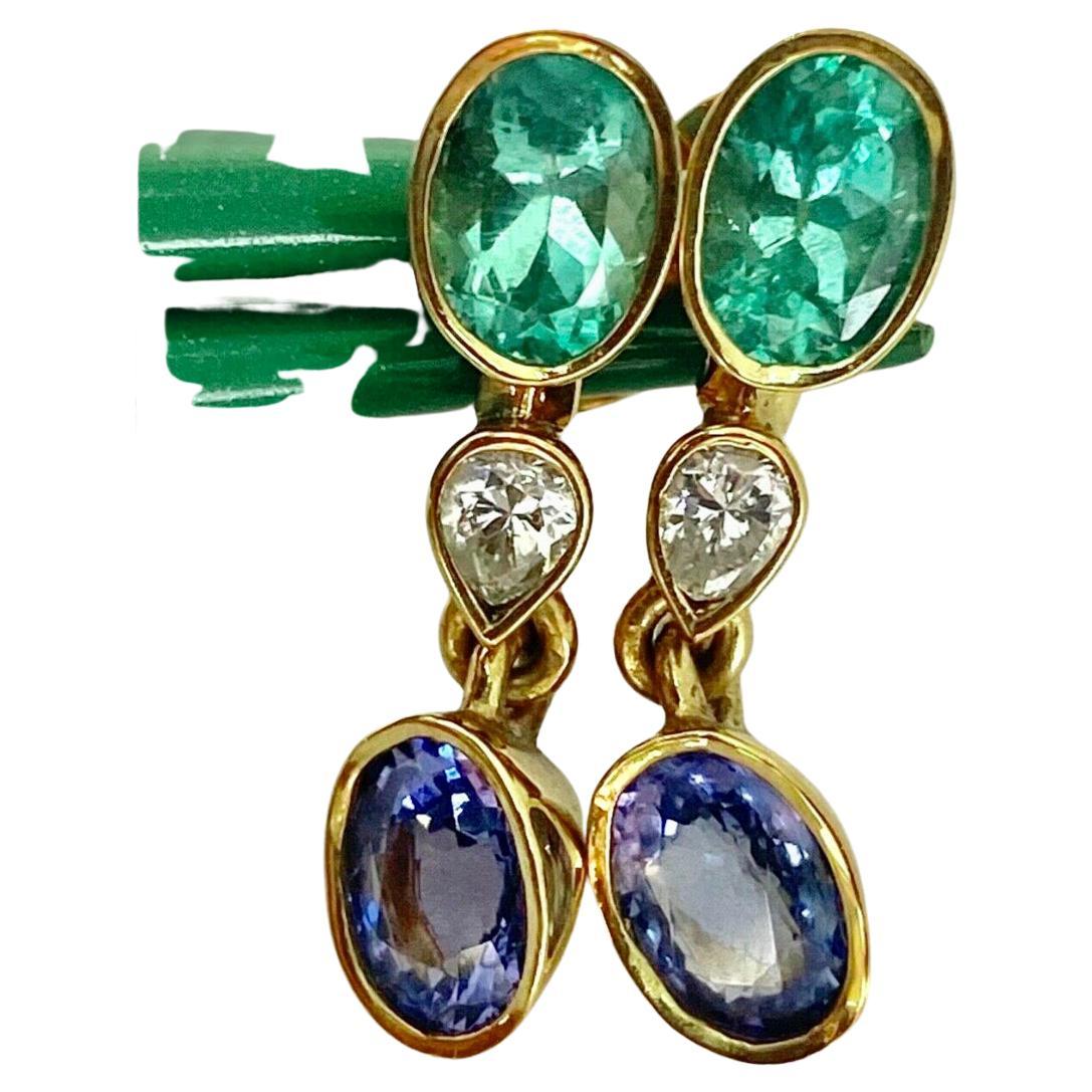 4.55 Carat Colombian Emerald Tanzanite and Diamond Dangle Earrings 18 Karat For Sale 2