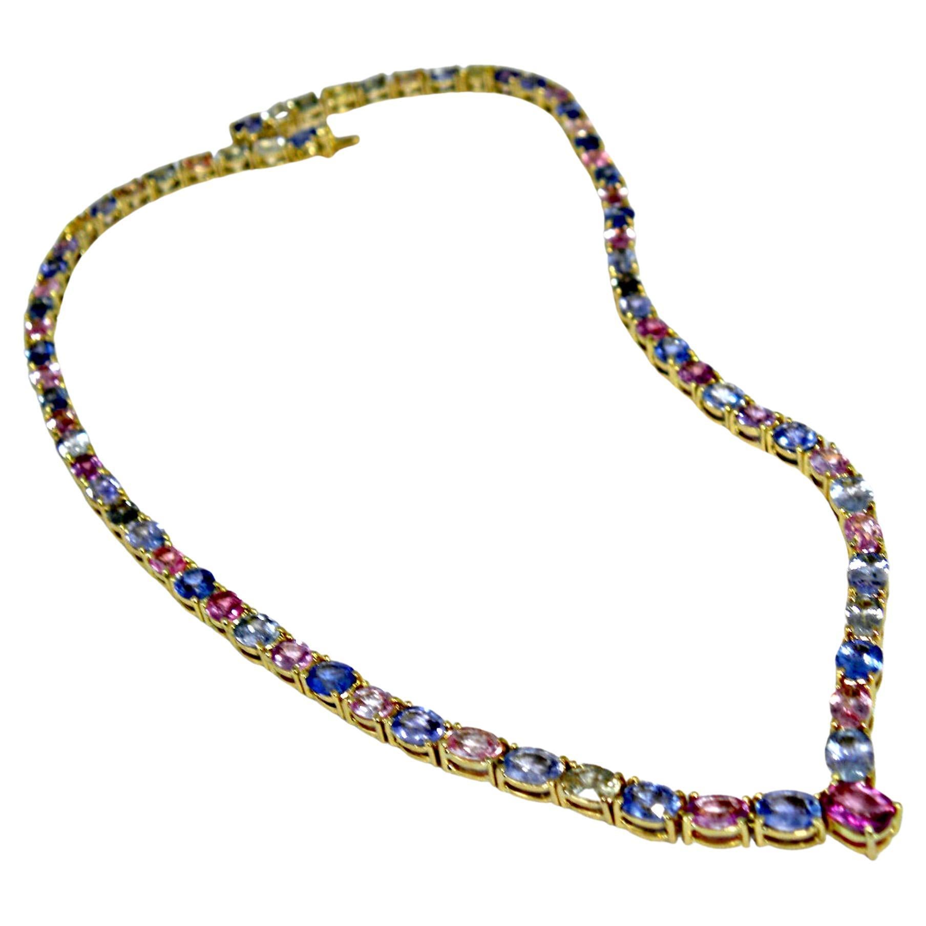  50.00 Carat Burma Unheated Multicolor Sapphires Necklace Yellow Gold 18K  For Sale