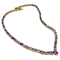  50.00 Carat Burma Unheated Multicolor Sapphires Necklace Yellow Gold 18K 