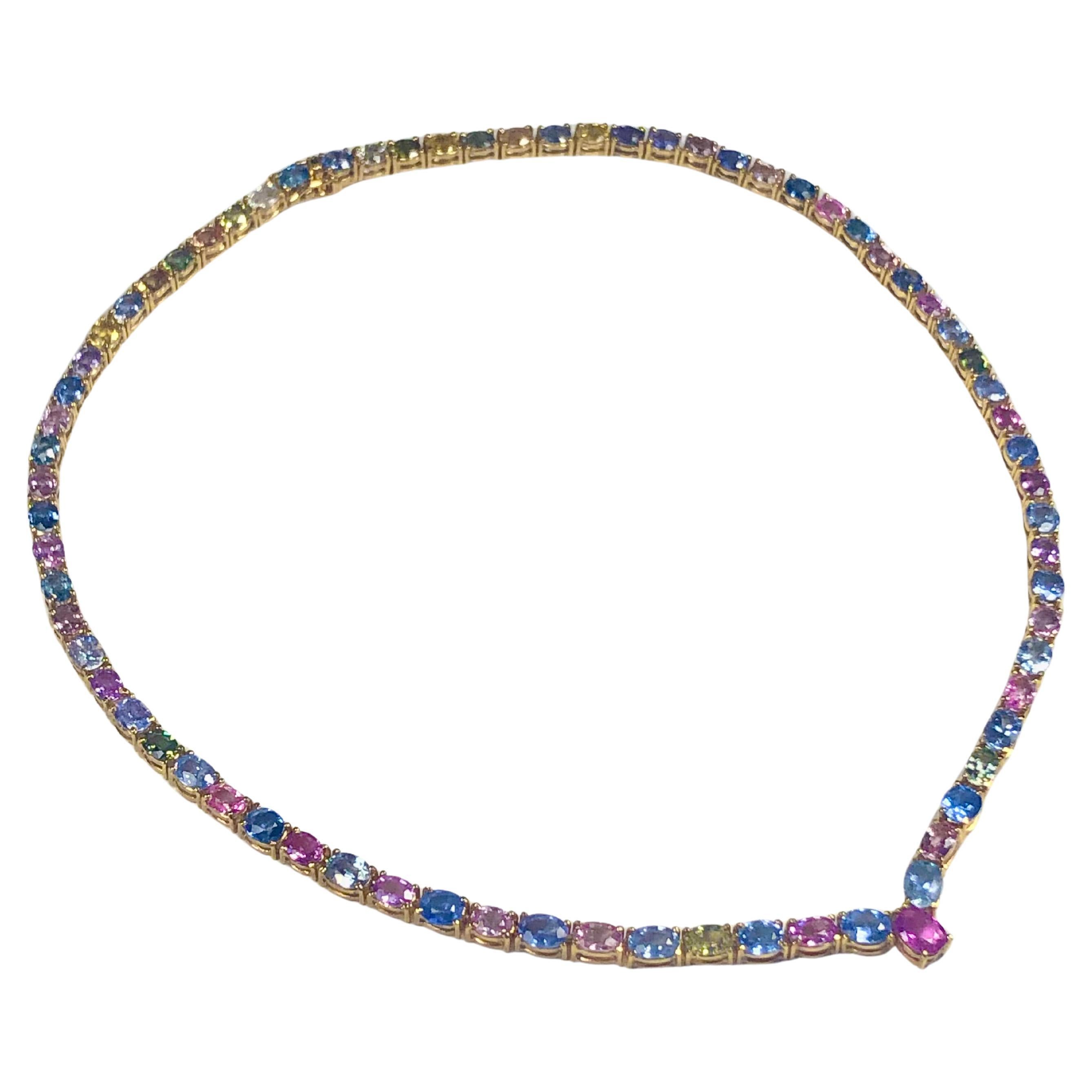 50.00 Carat Burma Unheated Multicolor Sapphires Necklace Yellow Gold 18K For Sale 2