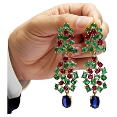 19.36 Carat Sapphire, Emerald, Ruby Chandeliers Earrings One of a Kind 19.36 Carat Sapphire, Emerald, Ruby Chandeliers Earrings One of a Kind