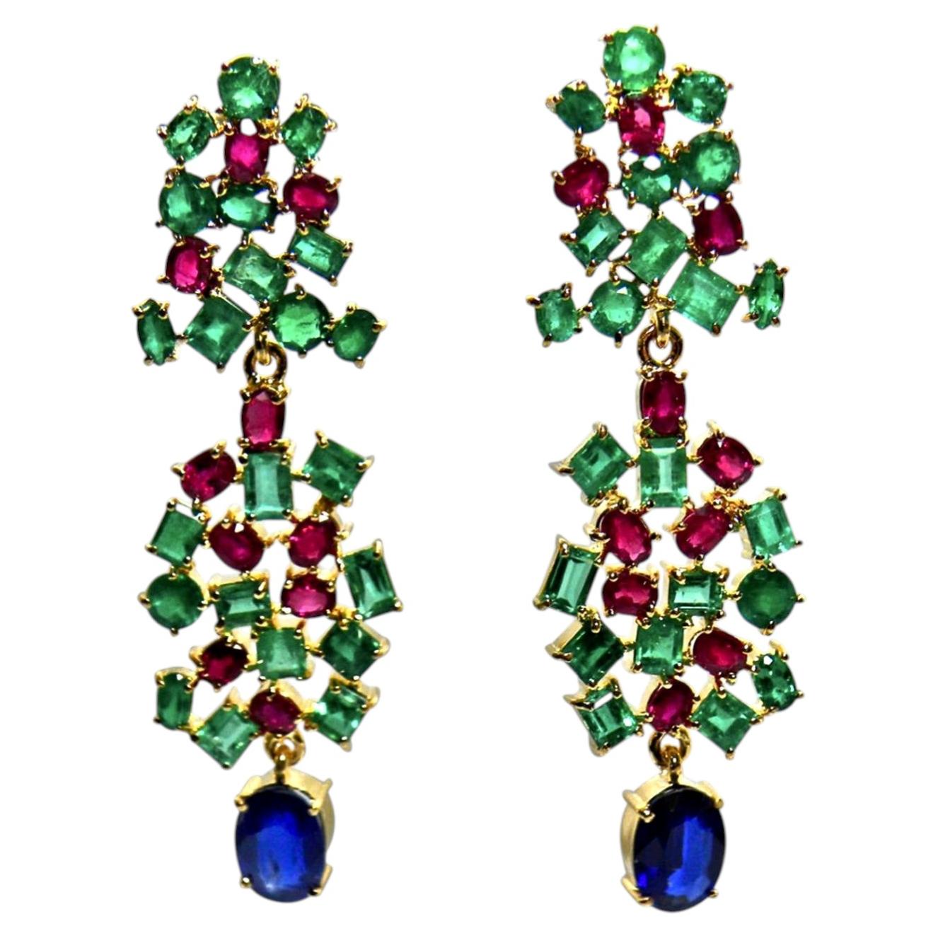 19.36 Carat Sapphire, Emerald, Ruby Chandeliers Earrings One of a Kind