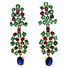 19.36 Carat Sapphire, Emerald, Ruby Chandeliers Earrings One of a Kind