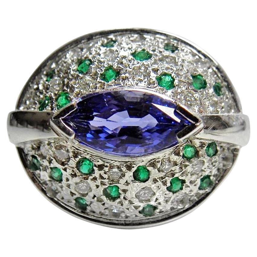 Tanzanite Emerald and Diamond Contemporary Statement Ring 18K White Gold For Sale