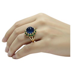 9.00 Carat Cabochon Cut Blue Sapphire Emerald Ring 18 Karat