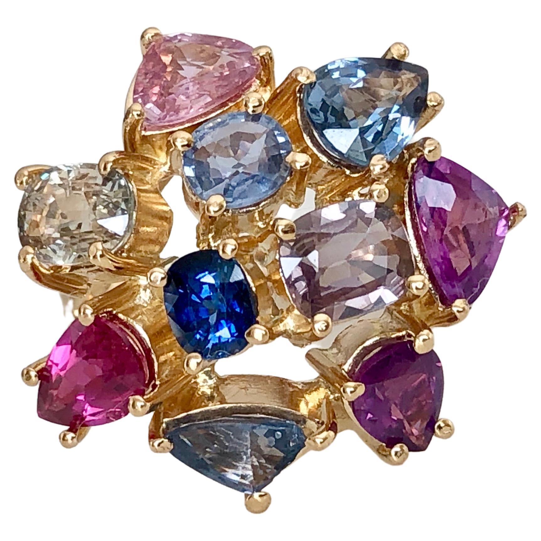 5.67 Carat Untreated Multicolor Sapphire Ring in 18k Yellow Gold For Sale