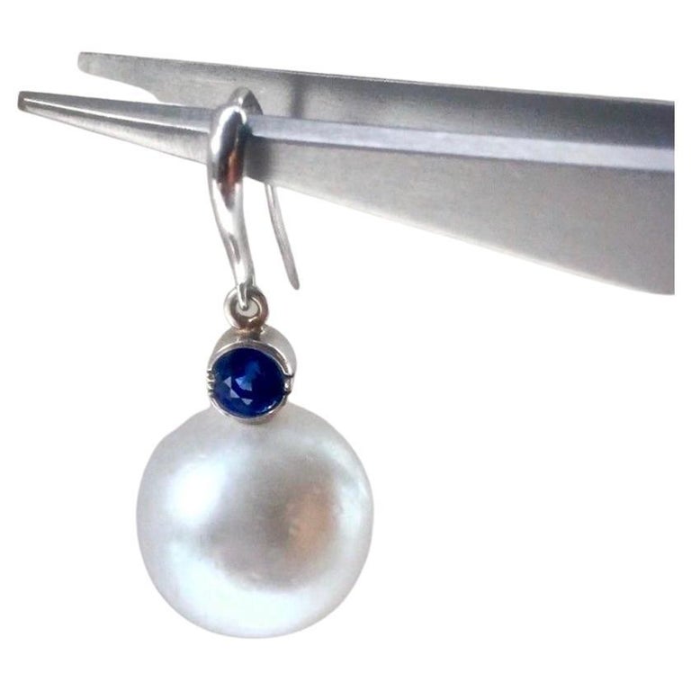 Round Cut South Sea Pearl and Blue Sapphire Drop Earrings  For Sale