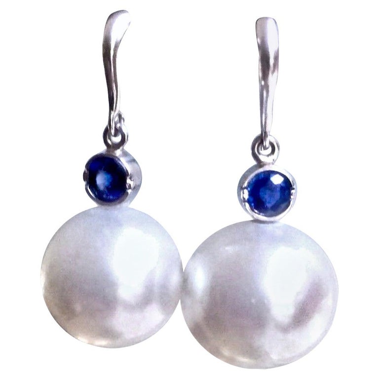 South Sea Pearl and Blue Sapphire Drop Earrings  For Sale