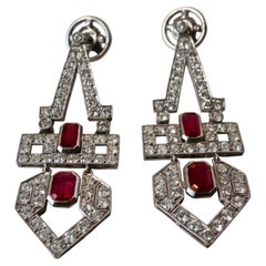 Pendientes colgantes de platino con rubí natural y diamantes, estilo Art Déco