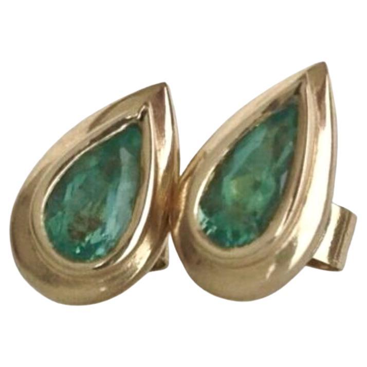 Pear Cut Emerald Dome Stud Earrings 18 Karat Yellow Gold
