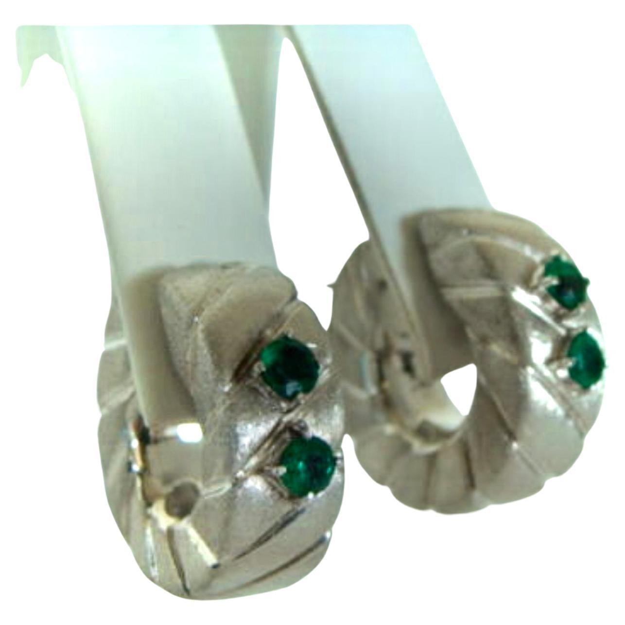 Emerald and 18 Karat White Gold Hoop Earrings For Sale