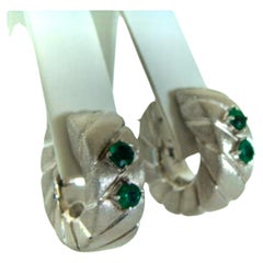 Retro Emerald and 18 Karat White Gold Hoop Earrings