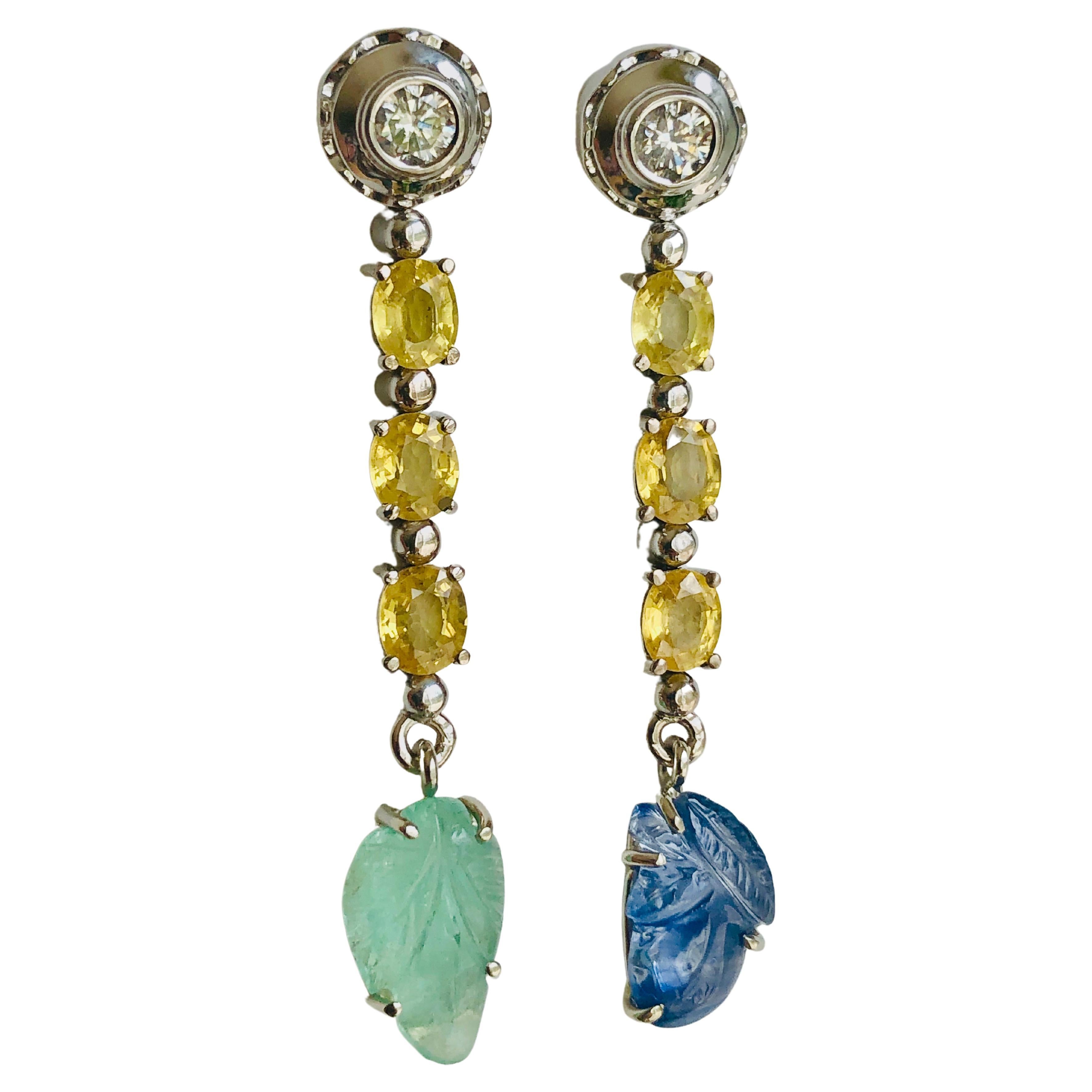 14.98 Carats Sapphire Emerald and Diamond Drop 18 Karat Gold Earrings