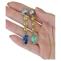 14.98 Carats Yellow, Blue Sapphire, Emerald and Diamond Drop 18k Earrings