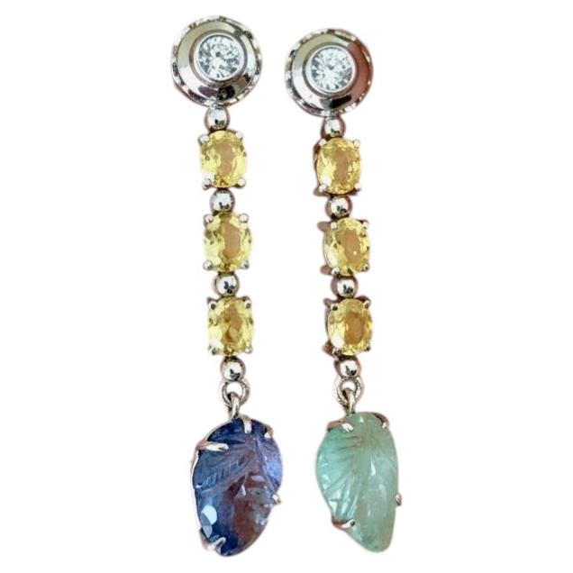 14.98 Carats Yellow, Blue Sapphire, Emerald and Diamond Drop 18k Earrings For Sale