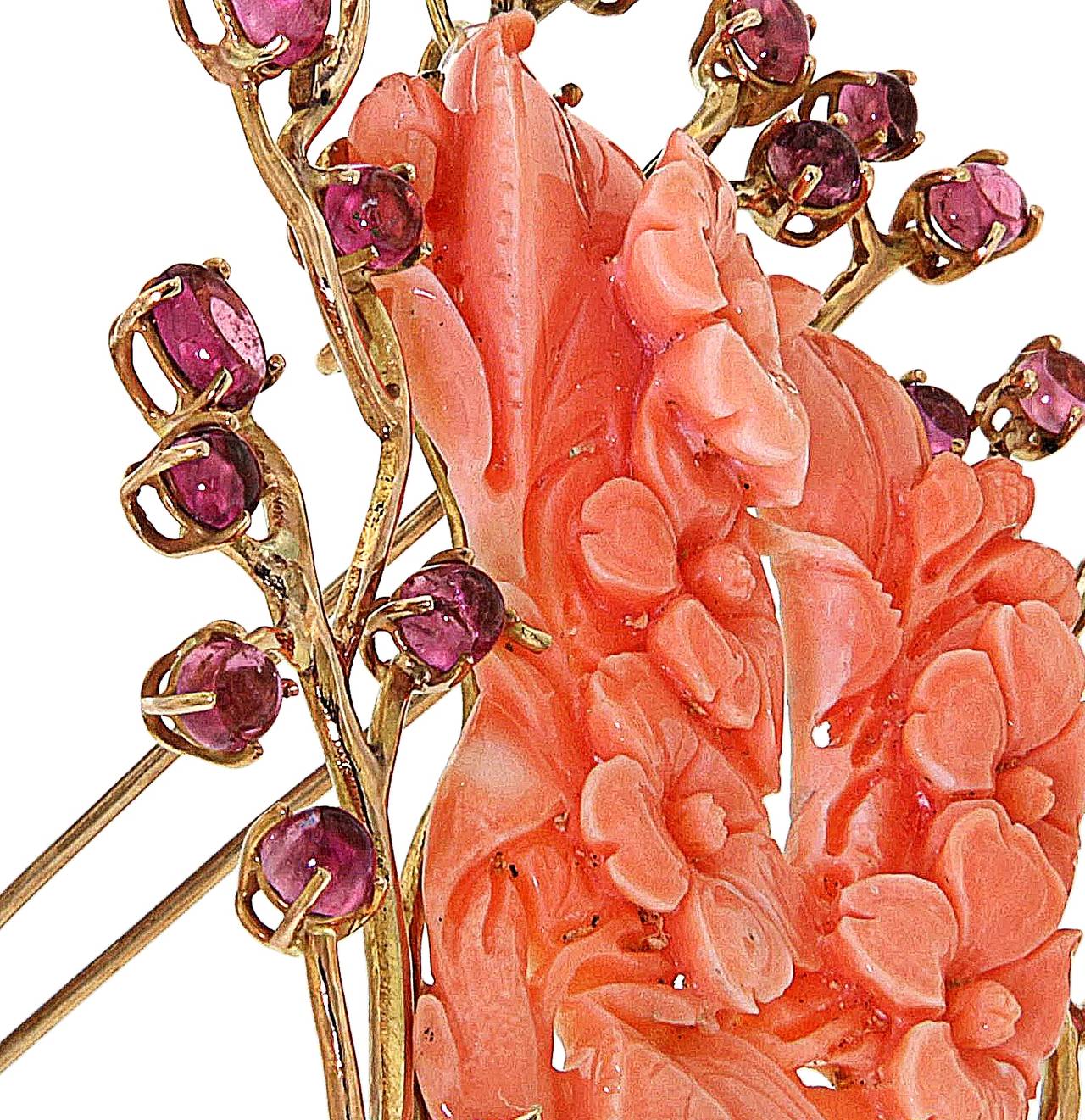 Broche fleurs en or rose 18 carats, tourmaline et corail Neuf - En vente à Milano, IT