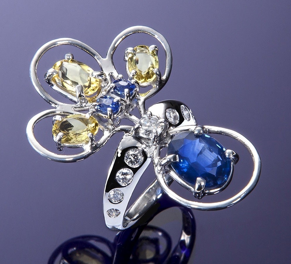 Modern Sapphires Beryls Diamonds Gold Ring Handcrafted In Italy By Botta Gioielli For Sale