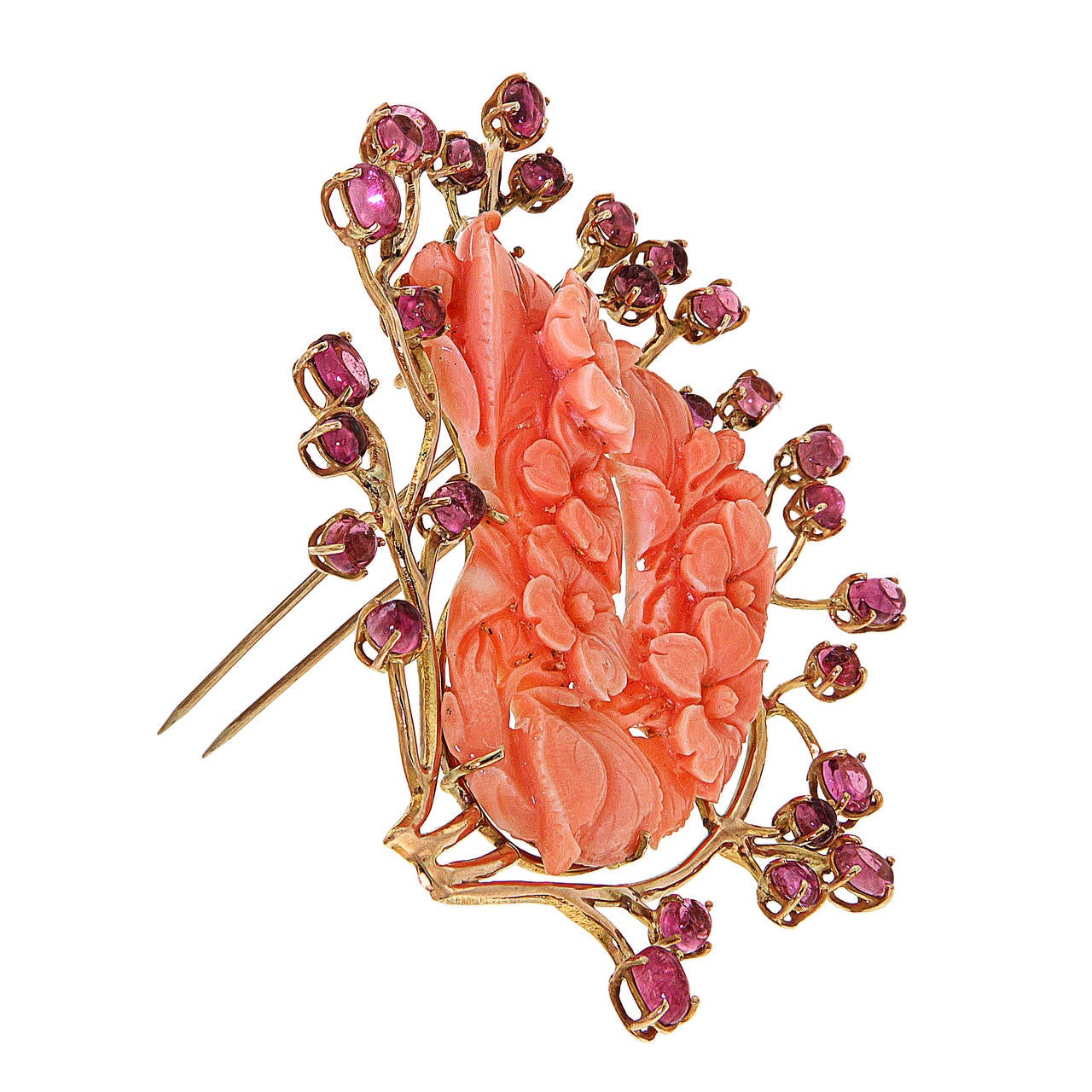 Very stylish and romantic brooch handcrafted in rose gold 18 karat with rare Momo coral dog rose-shape carved 77.50 ctw and rose tourmalines 11.90 ctw.

Handcrafted in: 18 karat rose gold.
Natural Momo coral: 77.50 ctw.
Natural rose tourmaline:
