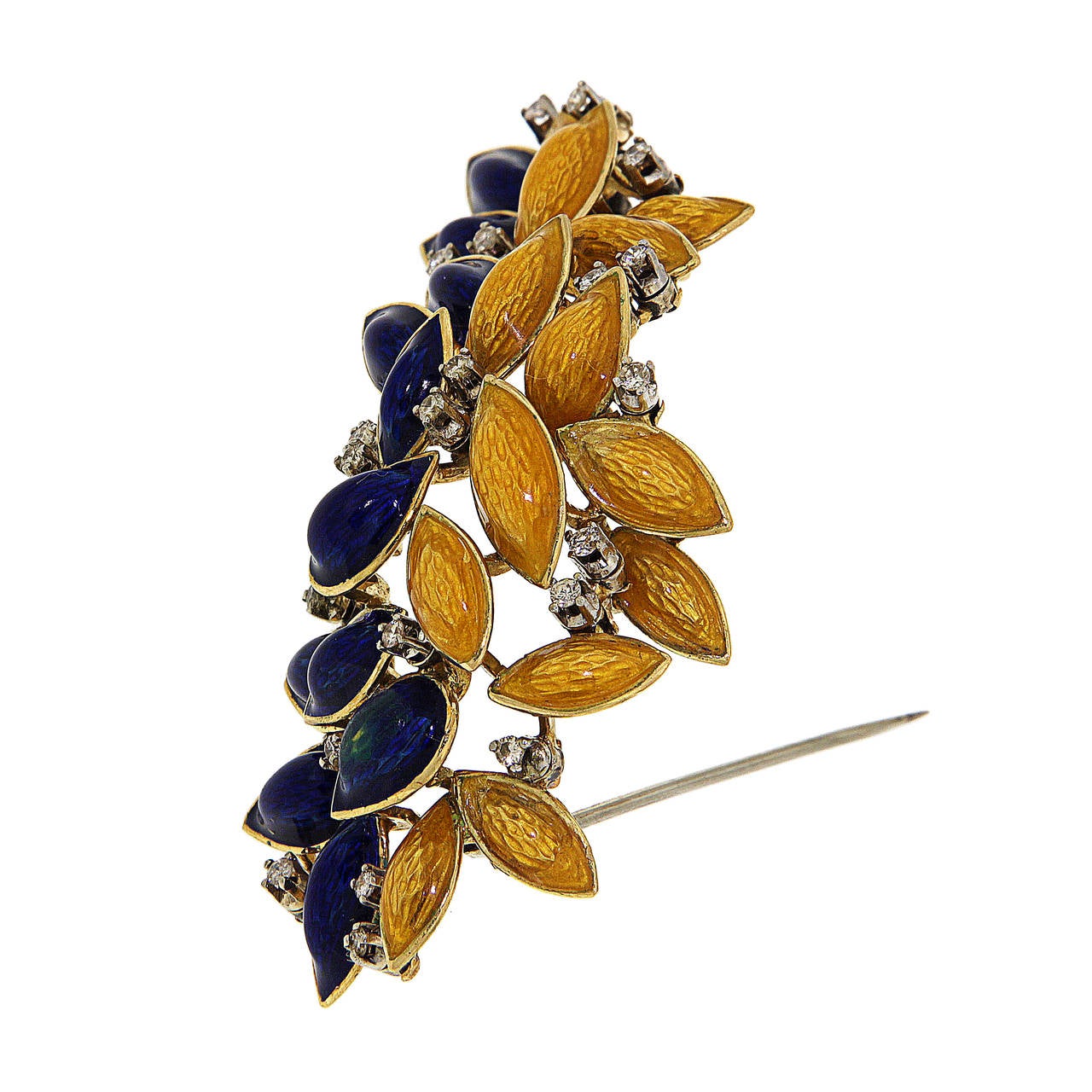 Retro Brooch Ring Earrings 1950s Yellow Blue Enamel Diamonds 18 Karat Gold Parure