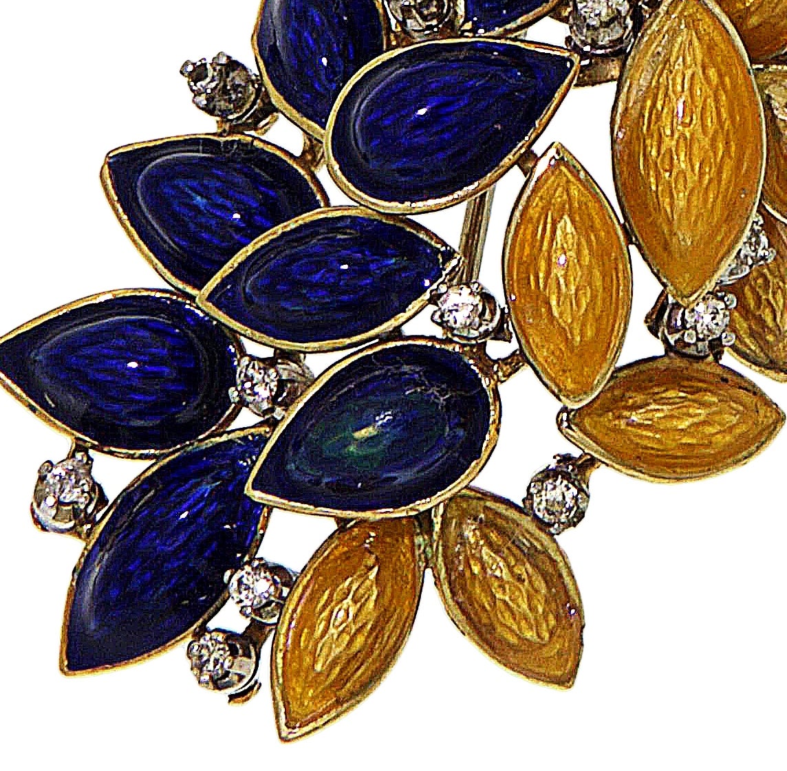 Brooch Ring Earrings 1950s Yellow Blue Enamel Diamonds 18 Karat Gold Parure 1