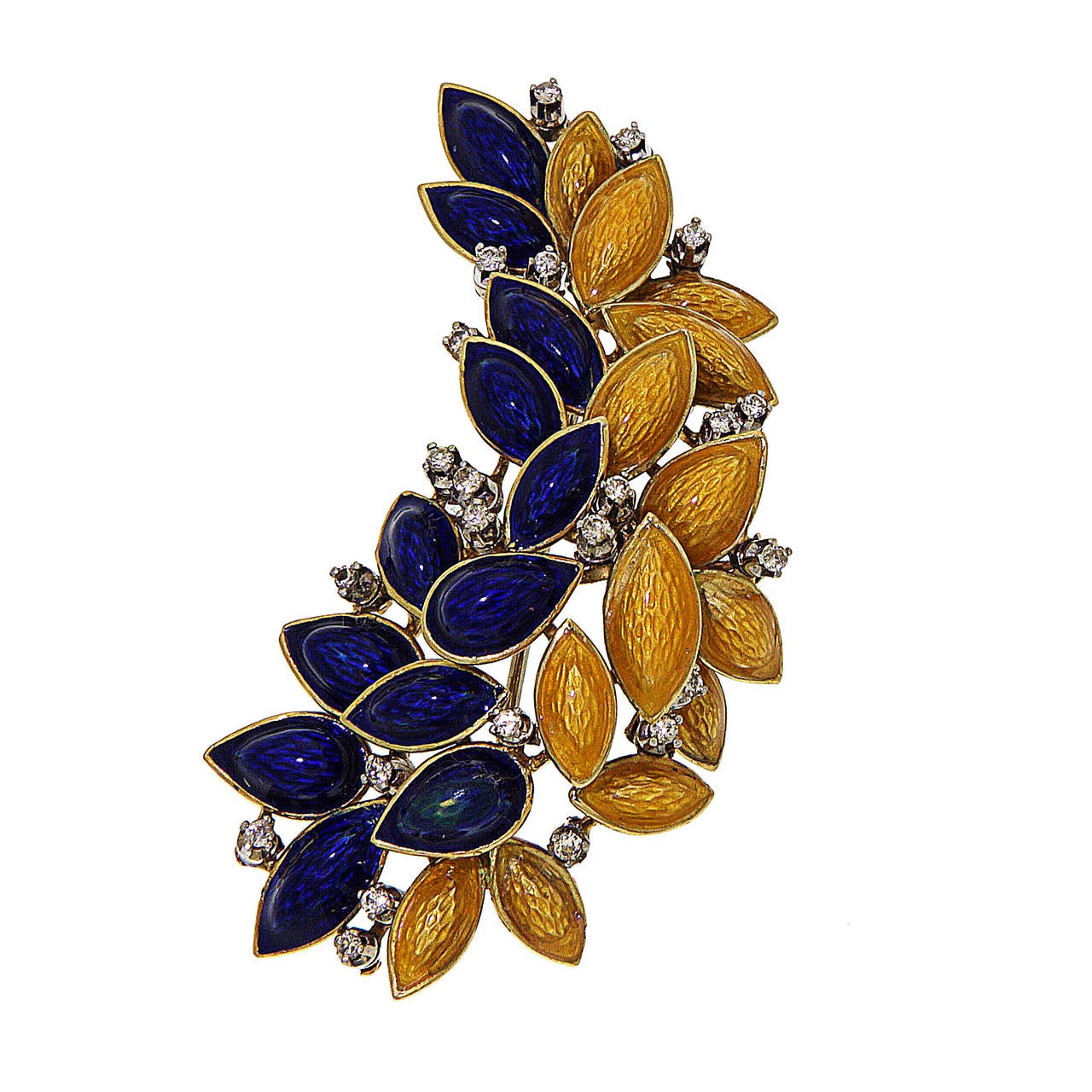 Brilliant Cut Brooch Ring Earrings 1950s Yellow Blue Enamel Diamonds 18 Karat Gold Parure