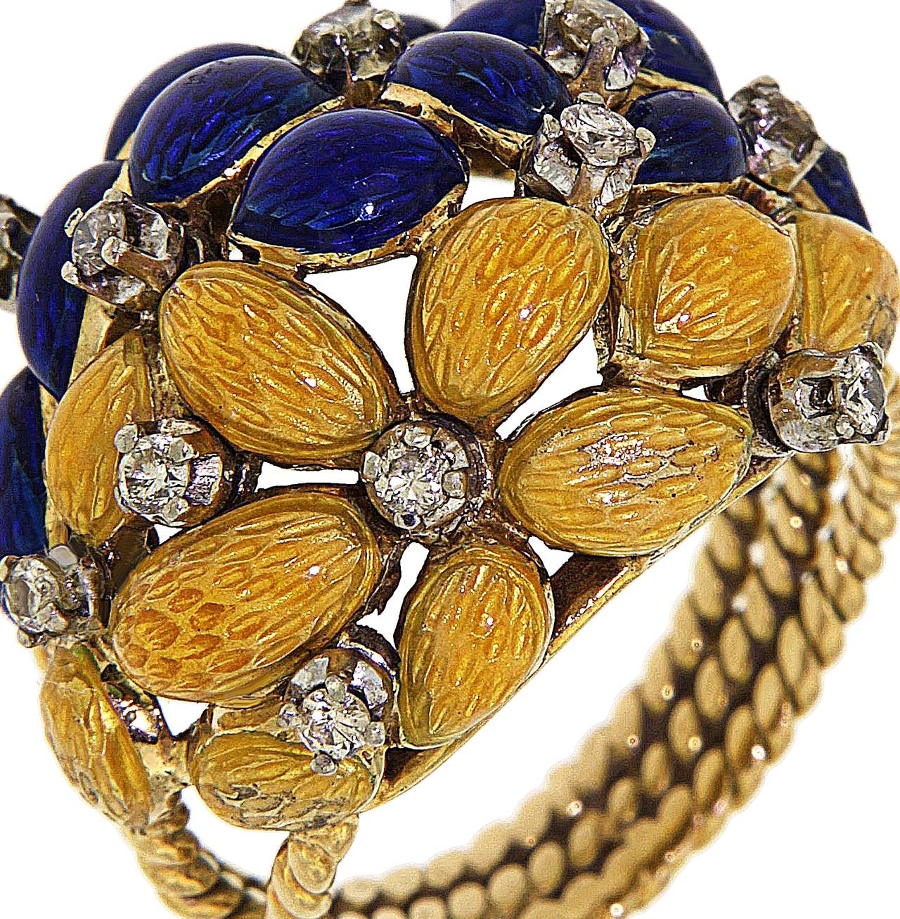 Women's Brooch Ring Earrings 1950s Yellow Blue Enamel Diamonds 18 Karat Gold Parure