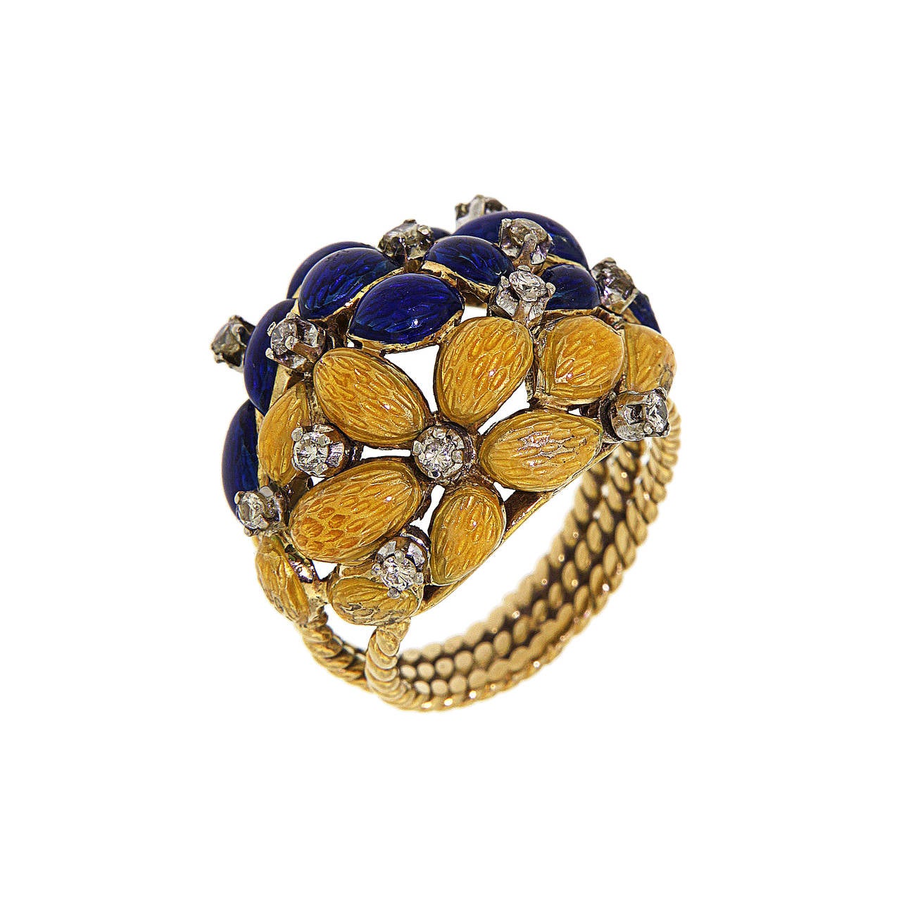Brooch Ring Earrings 1950s Yellow Blue Enamel Diamonds 18 Karat Gold Parure In Excellent Condition In Milano, IT