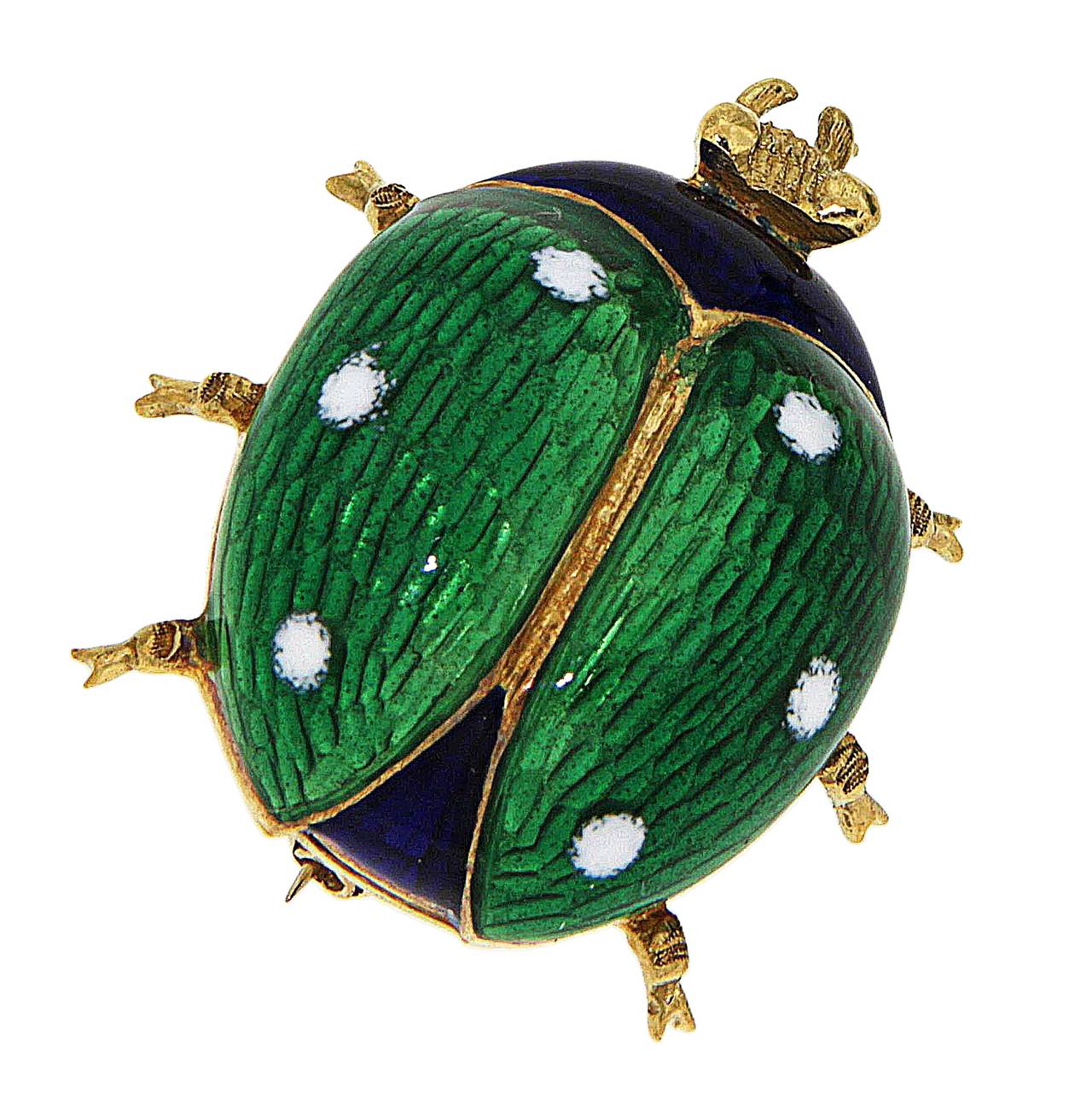 Green Blue White Enamel Yellow Gold Ladybug Brooches, 1960s For Sale at