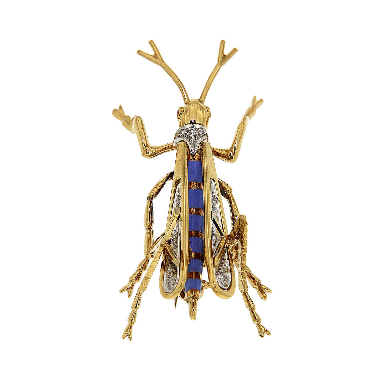 Graceful Grasshopper Brooch in Enamel and Yellow Gold 18k with 13 Diamonds Total approximately 0.10 ctw.
Ready for delivery. It can be shipped with express delivery on