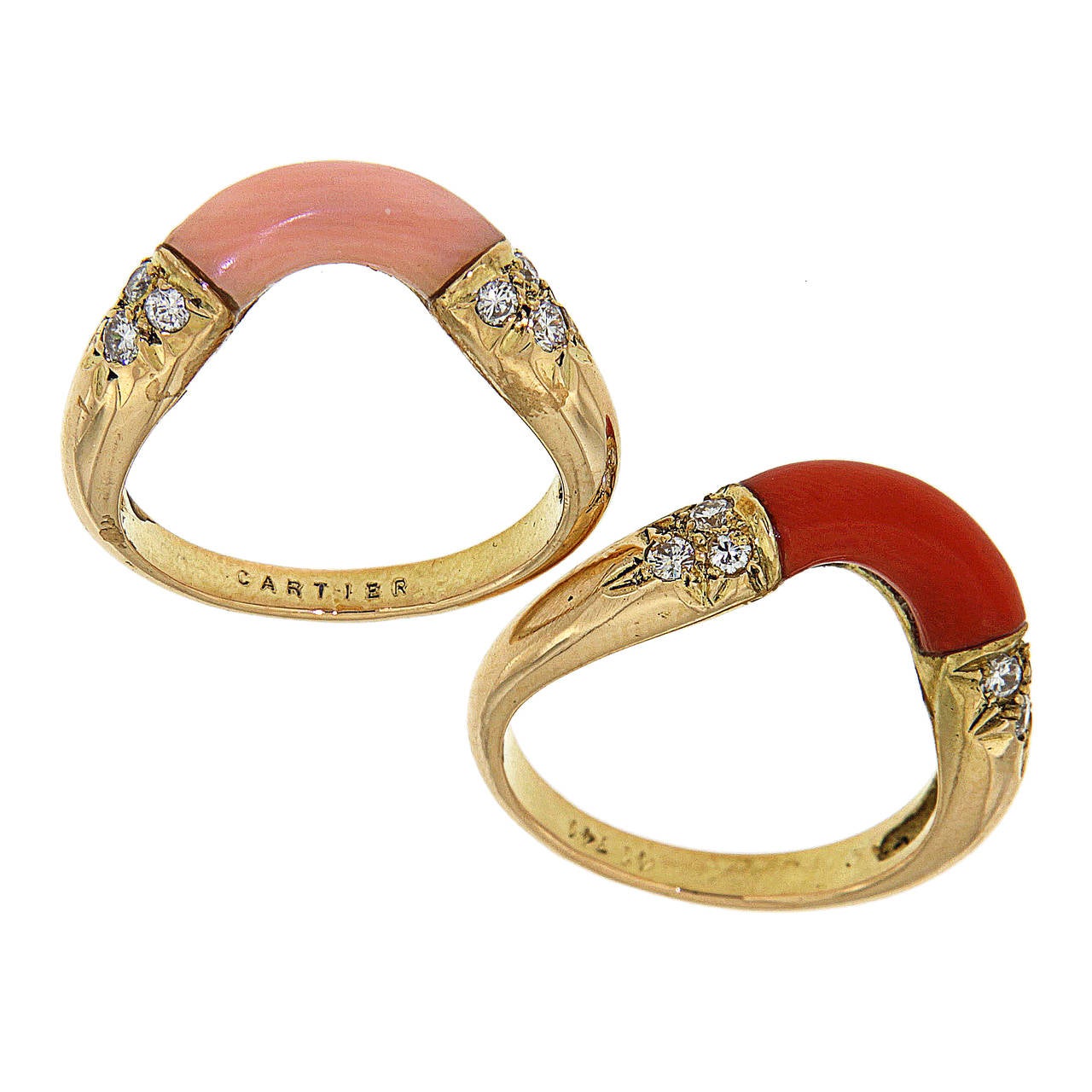 Stylish Cartier rings crafted in 18k yellow gold with Rose and Red Coral Stones and Diamonds total approximately 0.25 ctw, Finger Size 6.5