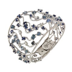 Zafiros Azules Diamantes Oro Blanco 18 Kilates  Pulsera Puño Olas Made In Italy