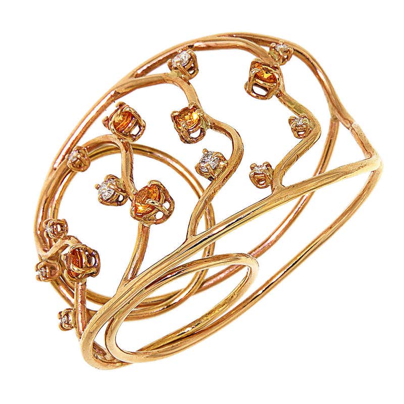 Orange Sapphires Diamonds Rose Gold Two Fingers Ring Modern For Sale at ...