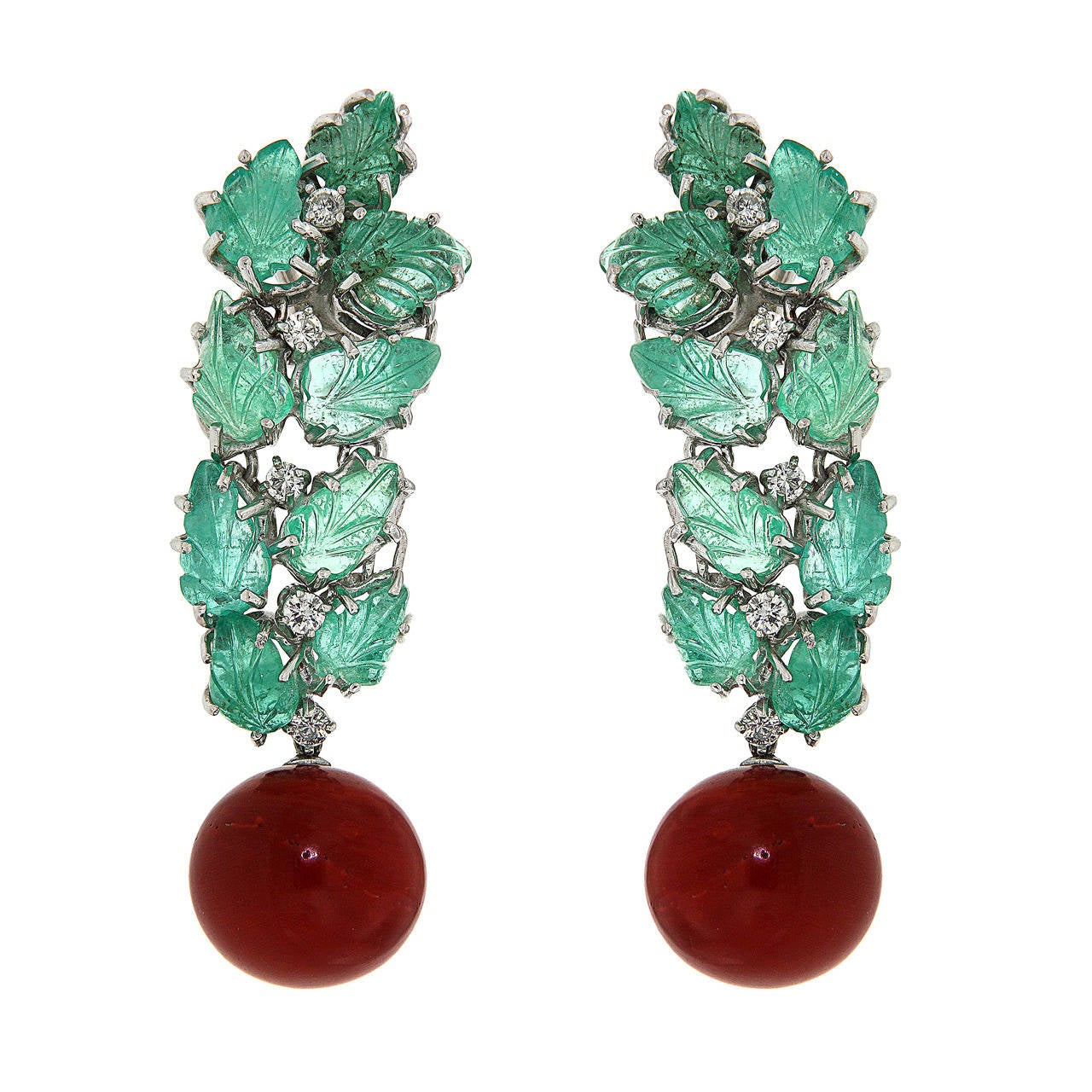 Red Coral Green Emerald Diamonds 18 Karat White Gold Dangle Clip-on Earrings For Sale