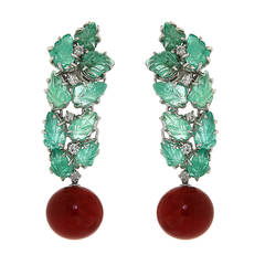 Red Coral Green Emerald Diamonds White Gold Drop Earrings 6