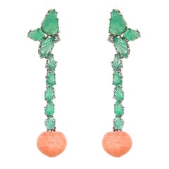 Coral Green Emerald Diamonds 18K White Gold Dangle Clip-on Earrings