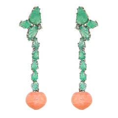 Coral Green Emerald Diamonds White Gold Drop Earrings 7