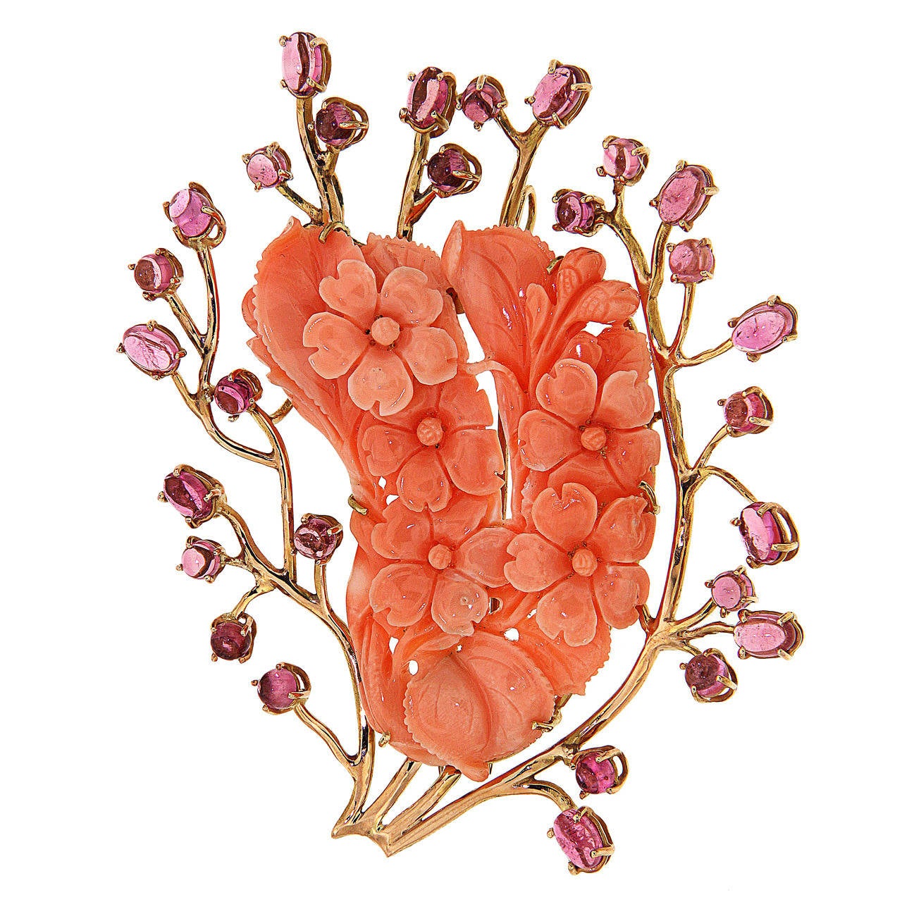 Tourmaline Coral 18 Karat Rose Gold Flowers Brooch For Sale