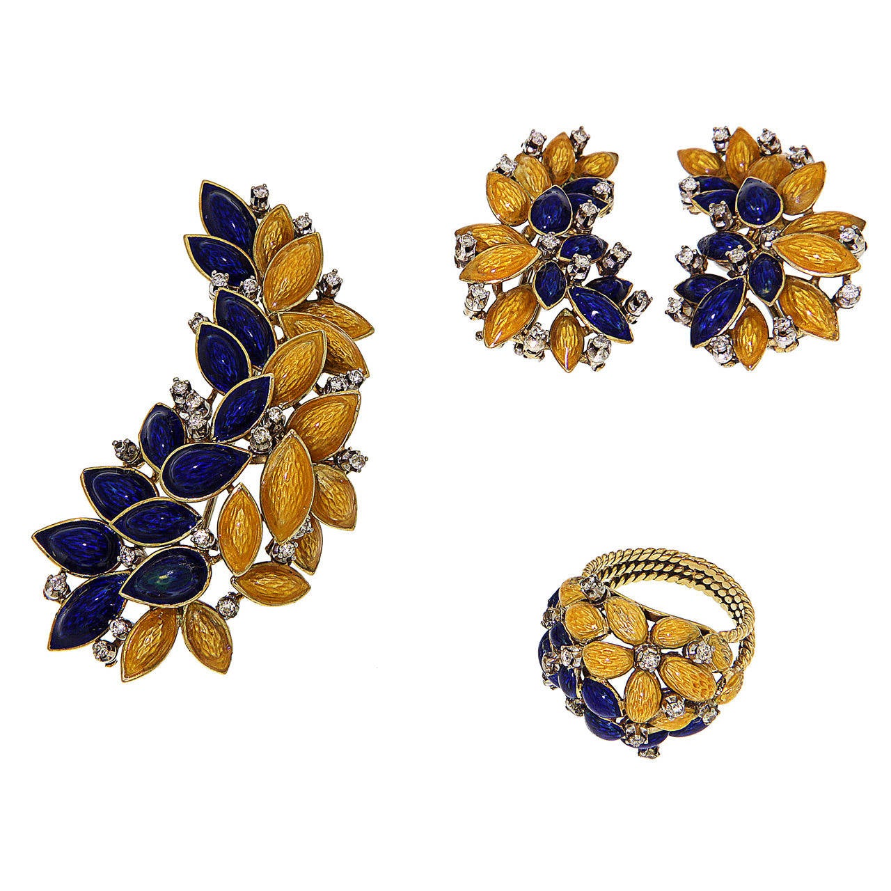 Brooch Ring Earrings 1950s Yellow Blue Enamel Diamonds 18 Karat Gold Parure