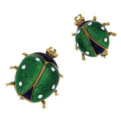 Green Blue White Enamel Yellow Gold Ladybug Brooches 1960s 4