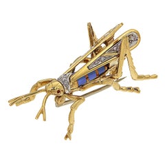 Enamel Diamonds Yellow Gold Grasshopper Brooch